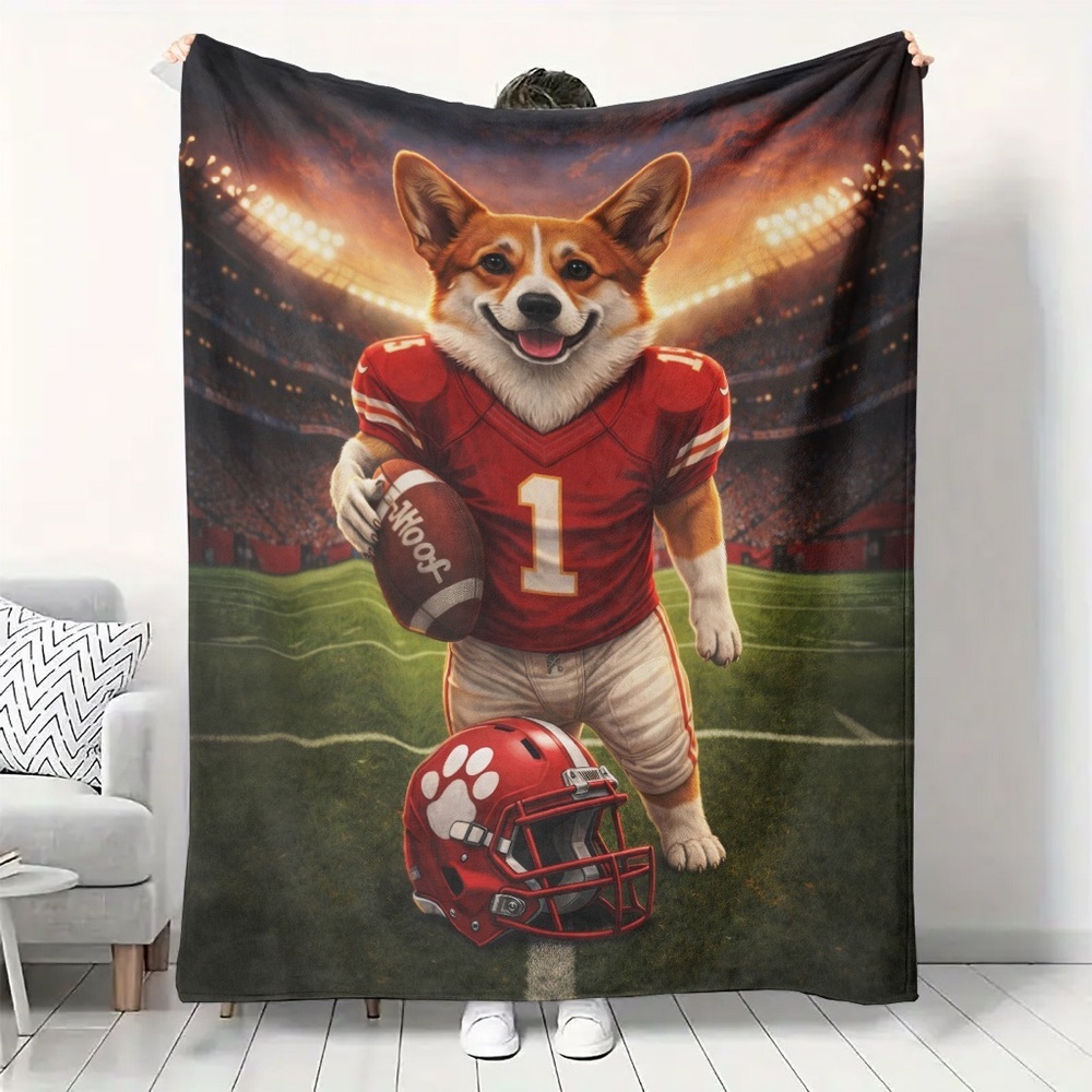 Corgi Football Player Fleece Blanket - Red Jersey (50x60)